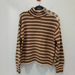 J Crew Mockneck Cable Knit Pullover Sweater In Stripe Jewel Buttons BM301